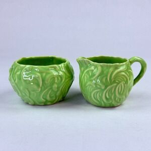 Vintage Sylvac England Green Ceramic Cream and Sugar Set Embossed Leaf Design
